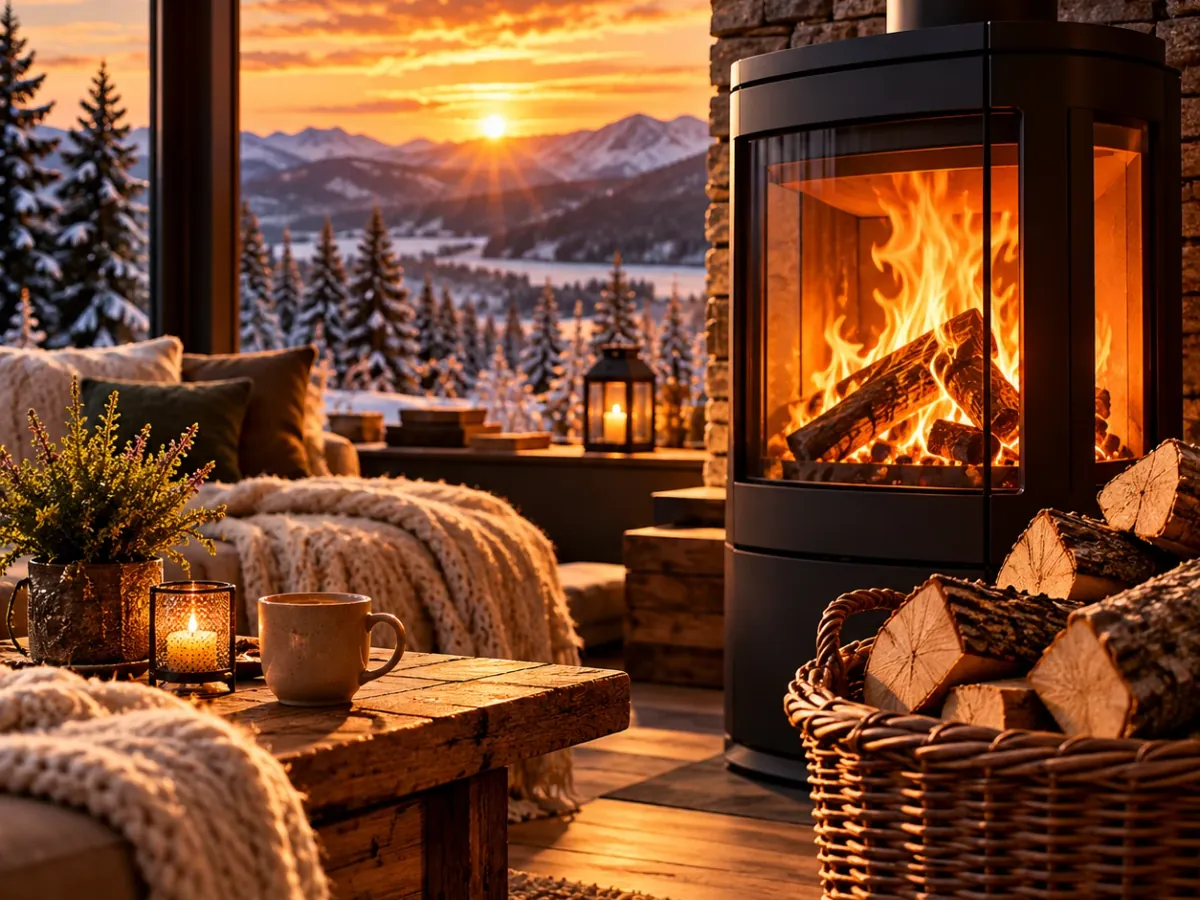 Gemütliches Wohnzimmer mit brennendem Kaminofen und einem Korb voll Kaminholz